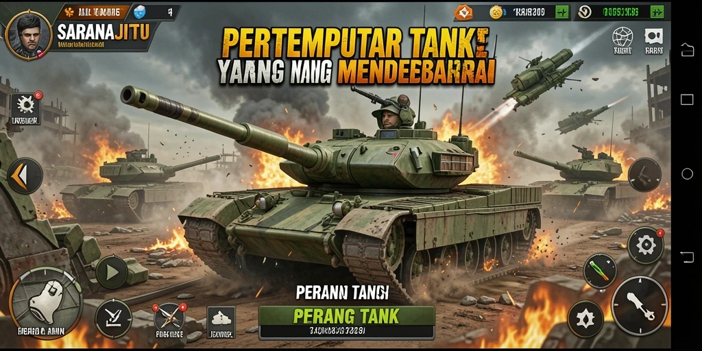 Tangkapan layar utama SARANAJITU menampilkan pertempuran tank yang intens.